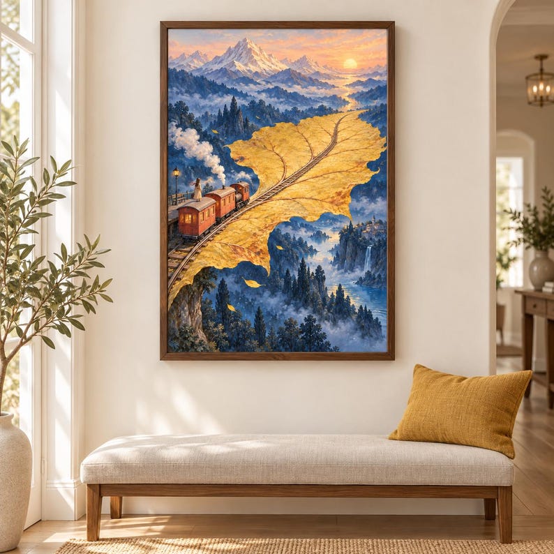 May include: A framed wall art print depicting a surreal landscape where a train travels along tracks laid upon a giant golden leaf. The scene features snow-capped mountains, a misty forest, a waterfall, and a sunset sky in shades of orange and blue.