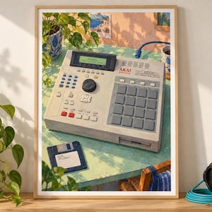 May include: A framed art print featuring an illustration of an Akai MPC 2000XL MIDI production center. The device is light gray with a black screen, a central jog wheel, and a grid of sixteen square pads. A blue floppy disk sits nearby.