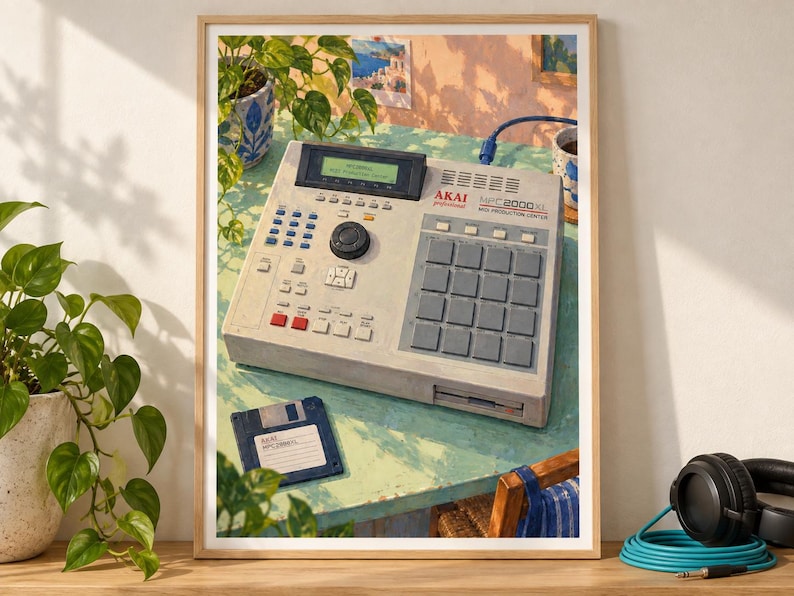 May include: A framed art print featuring an illustration of an Akai MPC 2000XL MIDI production center. The device is light gray with a black screen, a central jog wheel, and a grid of sixteen square pads. A blue floppy disk sits nearby.