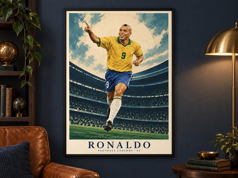 May include: A framed poster featuring a soccer player in a yellow jersey with the number 9 and blue shorts, celebrating on a field in a stadium. The text at the bottom reads RONALDO FOOTBALL LEGENDS - 02, set against a blue sky and clouds.