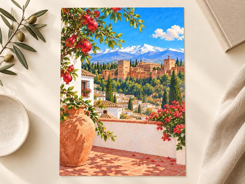 May include: A rectangular print depicting a Mediterranean terrace with a large terracotta amphora, a pomegranate tree, and red flowers. In the background, a historic fortress complex sits on a hill before snow-capped mountains under a blue sky.