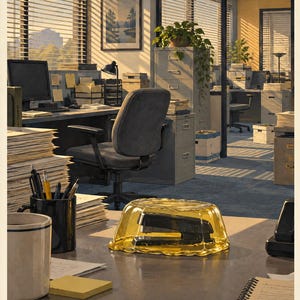 May include: A poster depicting an office interior with a desk, a chair, and a stapler encased in yellow gelatin. The scene includes stacks of paper, a black mug with pens, and a filing cabinet. The text at the bottom reads The Office 2005.