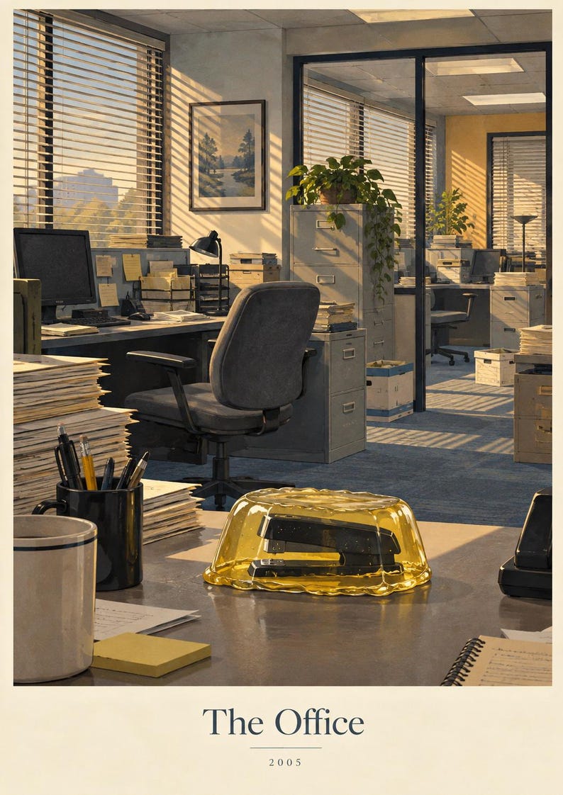 May include: A poster depicting an office interior with a desk, a chair, and a stapler encased in yellow gelatin. The scene includes stacks of paper, a black mug with pens, and a filing cabinet. The text at the bottom reads The Office 2005.