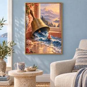 Puede incluir: Una l&aacute;mina de arte enmarcada que muestra una gran campana de lat&oacute;n sobre una repisa, de cuya abertura emergen olas del mar y un peque&ntilde;o velero. El fondo muestra un paisaje costero con monta&ntilde;as, un cielo al atardecer y una concha marina.