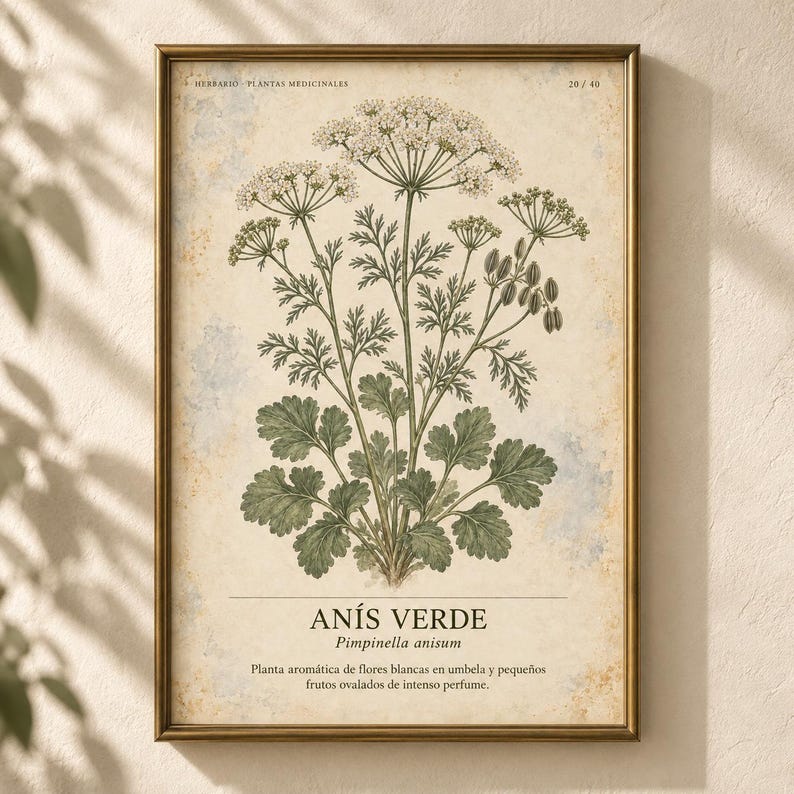 K&ouml;nnte beinhalten: Ein gerahmter botanischer Druck mit einer detaillierten Illustration einer Anis Verde Pflanze mit gr&uuml;nen Bl&auml;ttern und wei&szlig;en Doldenbl&uuml;ten. Der Text lautet HERBARIO PLANTAS MEDICINALES 20/40, AN&Iacute;S VERDE, Pimpinella anisum und eine spanische Beschreibung.