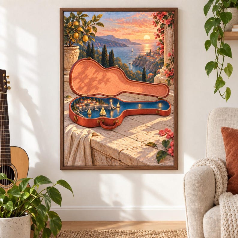 Puede incluir: Una impresi&oacute;n art&iacute;stica enmarcada que muestra un estuche de guitarra abierto sobre una terraza de piedra. El interior del estuche revela una escena costera en miniatura con un puerto, veleros y un faro al atardecer, reflejando el paisaje de fondo.