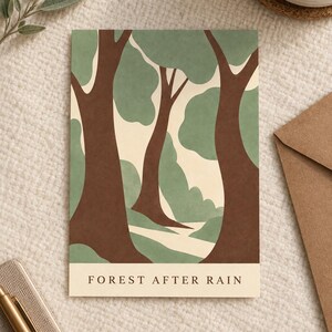 May include: A rectangular art print featuring a stylized forest scene with dark brown tree trunks and muted sage green foliage against a cream background. The text FOREST AFTER RAIN is printed in a simple serif font at the bottom of the print.