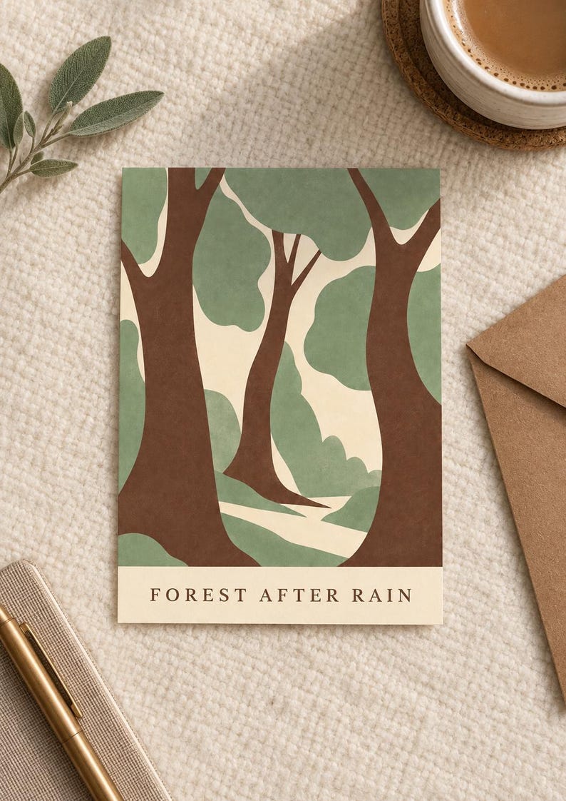 May include: A rectangular art print featuring a stylized forest scene with dark brown tree trunks and muted sage green foliage against a cream background. The text FOREST AFTER RAIN is printed in a simple serif font at the bottom of the print.