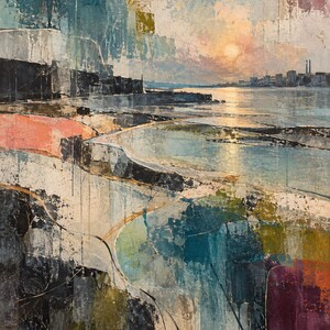 Peut inclure: Une peinture abstraite repr&eacute;sentant un paysage c&ocirc;tier avec un coucher de soleil sur une ligne d'horizon urbaine lointaine. Le premier plan pr&eacute;sente des couches textur&eacute;es de peinture noire, bleue, verte et corail, avec une &eacute;tendue d'eau calme.
