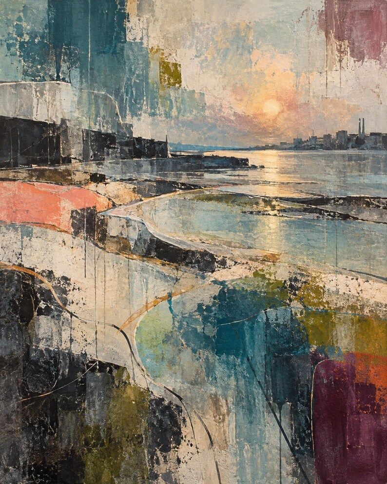 Peut inclure: Une peinture abstraite repr&eacute;sentant un paysage c&ocirc;tier avec un coucher de soleil sur une ligne d'horizon urbaine lointaine. Le premier plan pr&eacute;sente des couches textur&eacute;es de peinture noire, bleue, verte et corail, avec une &eacute;tendue d'eau calme.