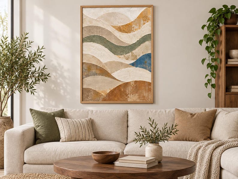 Pu&ograve; includere: Un'opera d'arte murale rettangolare incorniciata che presenta un paesaggio astratto di onde stratificate e strutturate nei toni del crema, beige, ocra, verde salvia e un accento blu scuro, racchiusa in una semplice cornice in legno chiaro.
