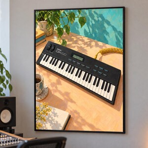 Puede incluir: Un sintetizador Yamaha DX100 negro con teclas blancas y negras, una pantalla digital y varios botones de control. El instrumento cuenta con un cable amarillo en espiral que sale por un lado y est&aacute; colocado sobre una superficie plana.