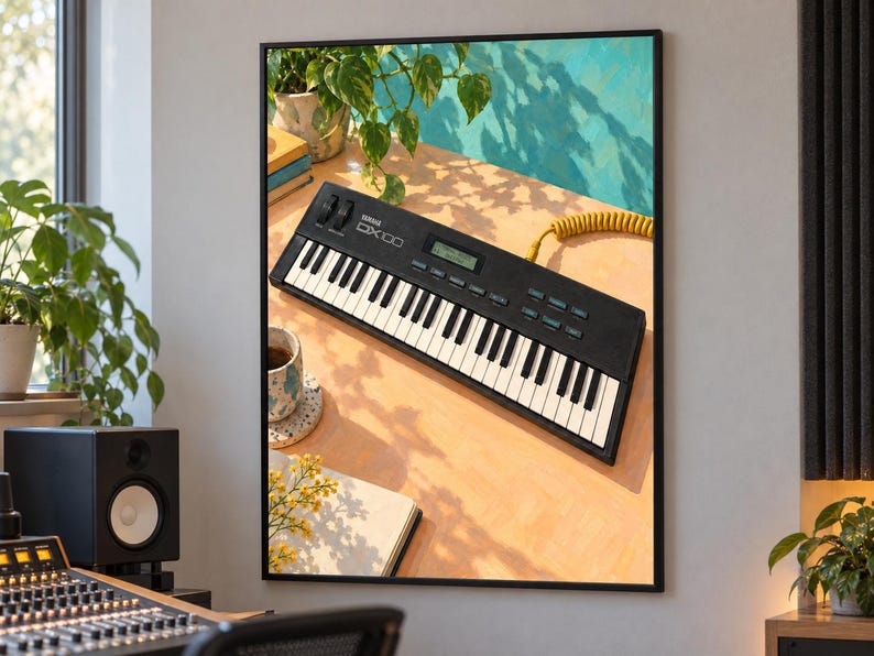 Puede incluir: Un sintetizador Yamaha DX100 negro con teclas blancas y negras, una pantalla digital y varios botones de control. El instrumento cuenta con un cable amarillo en espiral que sale por un lado y est&aacute; colocado sobre una superficie plana.
