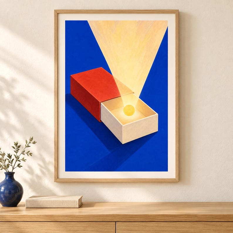 May include: A framed art print featuring a red matchbox against a deep blue background. The drawer of the matchbox is partially open, revealing a glowing yellow sphere inside, with a bright yellow light beam projecting upward from the centre.