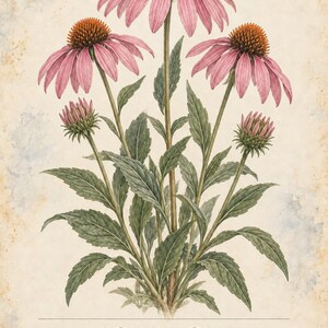 May include: A botanical illustration titled HERBARIUM MEDICINAL PLANTS 14/40 featuring Echinacea purpurea. The print displays a plant with pink flowers, downward-sloping petals, and a prominent copper-coloured centre, set against a textured background.