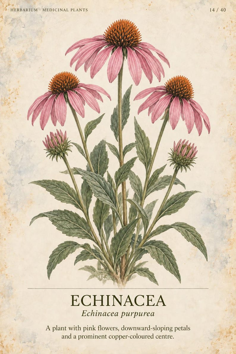 May include: A botanical illustration titled HERBARIUM MEDICINAL PLANTS 14/40 featuring Echinacea purpurea. The print displays a plant with pink flowers, downward-sloping petals, and a prominent copper-coloured centre, set against a textured background.