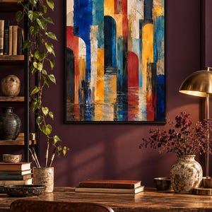 May include: A rectangular framed wall art piece featuring an abstract composition of vertical stripes and arched shapes in vibrant shades of blue, yellow, red, and white, with textured brushstrokes creating a layered and multi-dimensional appearance.