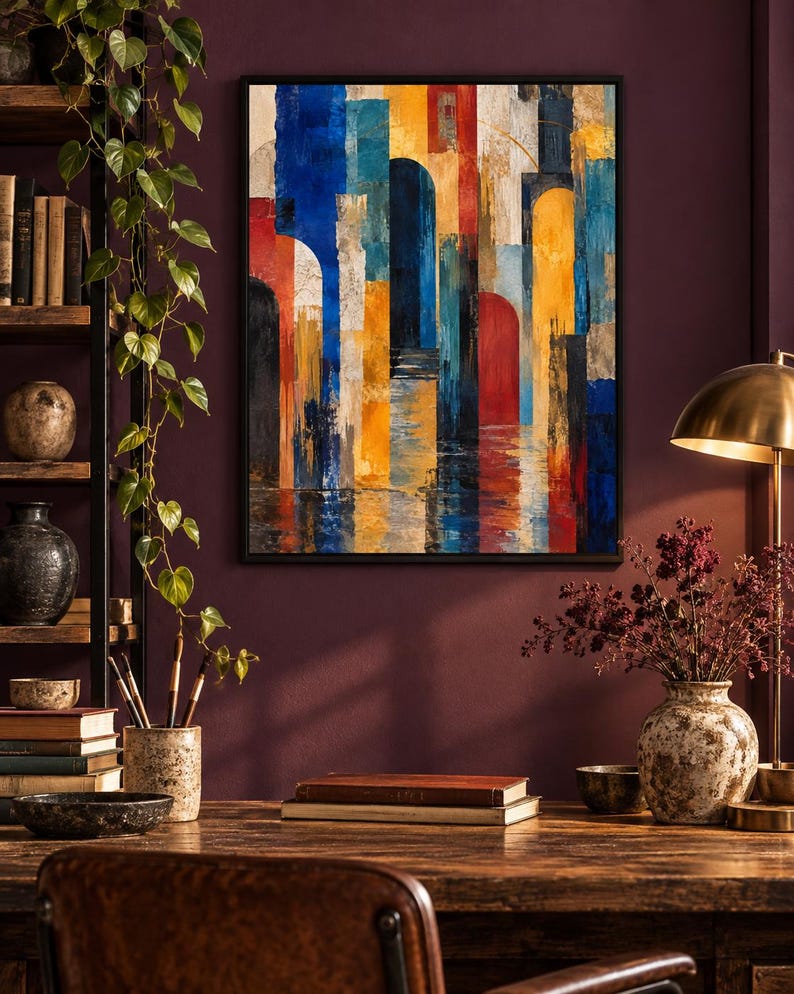 May include: A rectangular framed wall art piece featuring an abstract composition of vertical stripes and arched shapes in vibrant shades of blue, yellow, red, and white, with textured brushstrokes creating a layered and multi-dimensional appearance.