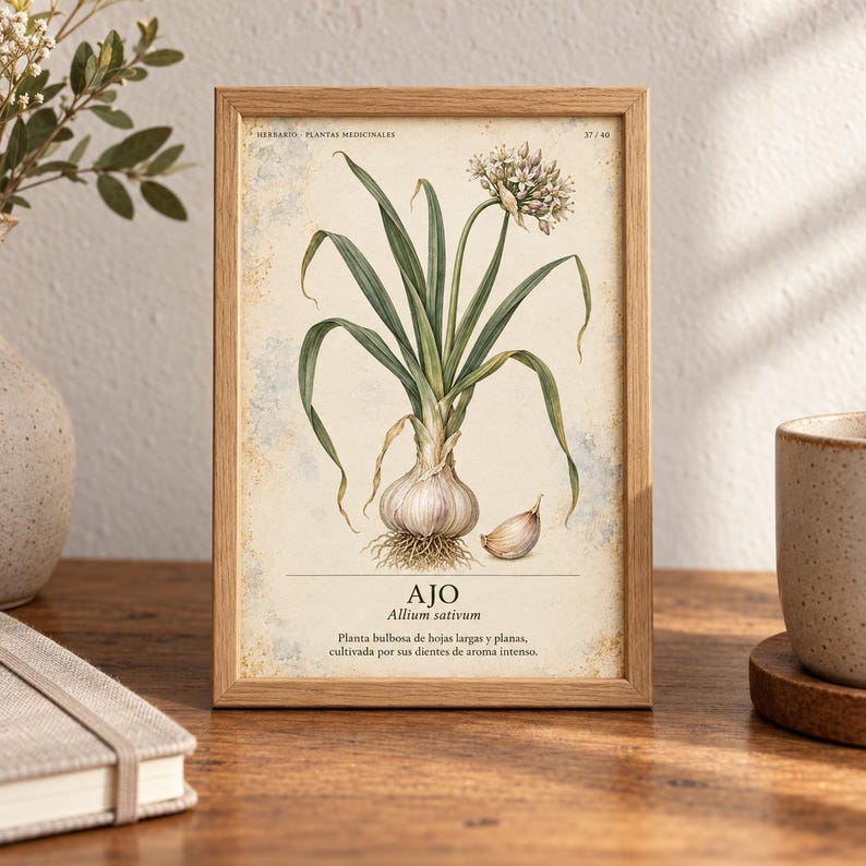 May include: A rectangular wooden frame containing a botanical print of a garlic plant, labeled AJO Allium sativum. The illustration features a white garlic bulb with green leaves and a flower head, set against a cream background with text.