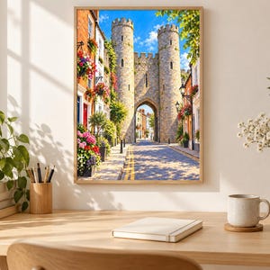 Op de afbeelding: Een ingelijste kunstdruk met een middeleeuwse stenen poort met twee torens over een smalle straat. De sc&egrave;ne toont kleurrijke bloemenmanden aan bakstenen gebouwen, een helderblauwe lucht en een zonnige straat met kasseien.