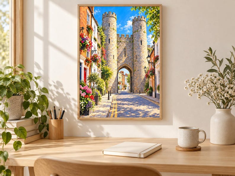 Op de afbeelding: Een ingelijste kunstdruk met een middeleeuwse stenen poort met twee torens over een smalle straat. De sc&egrave;ne toont kleurrijke bloemenmanden aan bakstenen gebouwen, een helderblauwe lucht en een zonnige straat met kasseien.