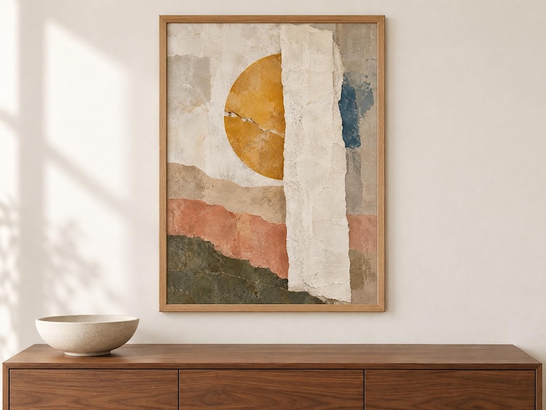 Puede incluir: Una l&aacute;mina de arte enmarcada con una composici&oacute;n de collage abstracto. La obra muestra un gran c&iacute;rculo amarillo mostaza, tiras de papel texturizado superpuestas en color blanco roto y bandas horizontales en verde oliva y rosa palo.