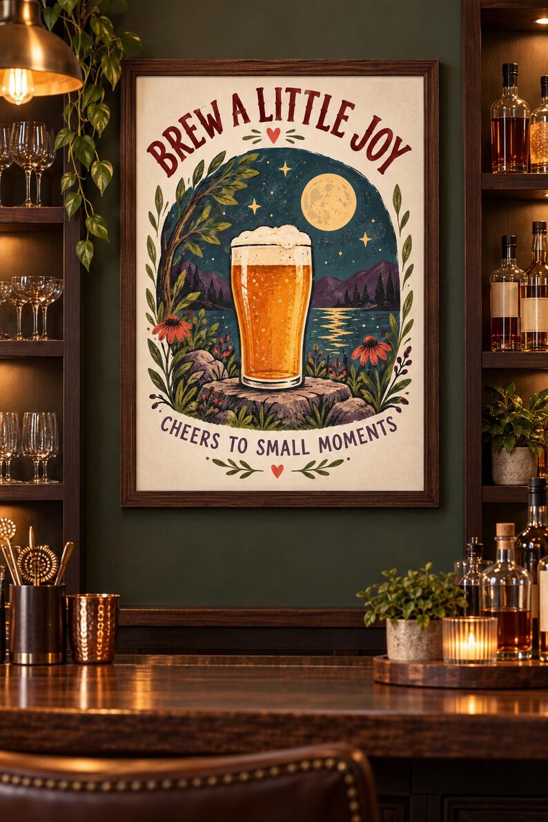 May include: A framed wall art print featuring a glass of beer on a rock by a lake under a full moon. The text reads BREW A LITTLE JOY and CHEERS TO SMALL MOMENTS. The illustration includes flowers, trees, and mountains in a dark, natural color palette.