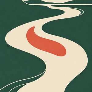 May include: A graphic art print featuring a winding cream-colored river flowing through dark green hills under a solid red sun. The text BOYNE RIVER MOVEMENT is printed in black capital letters at the bottom of the cream-colored background.