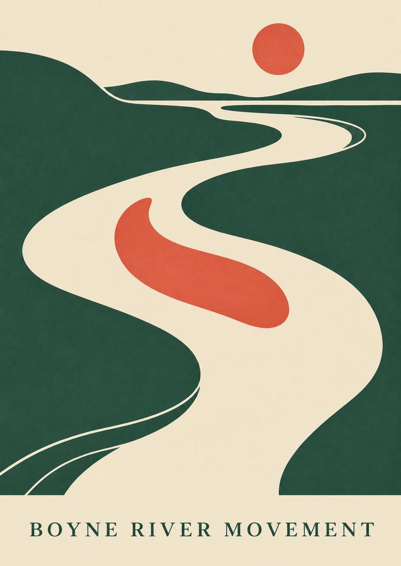 May include: A graphic art print featuring a winding cream-colored river flowing through dark green hills under a solid red sun. The text BOYNE RIVER MOVEMENT is printed in black capital letters at the bottom of the cream-colored background.