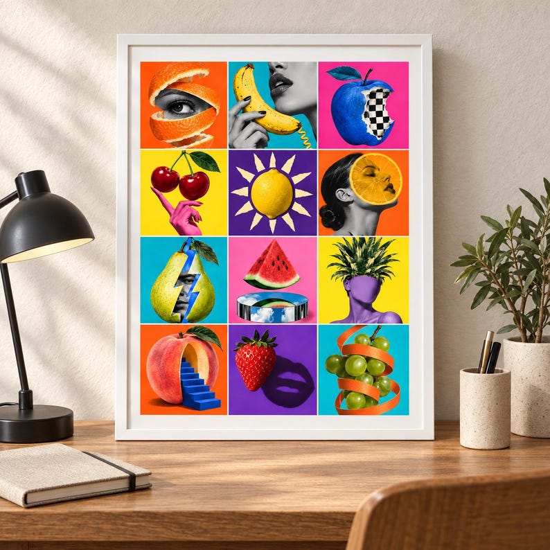 May include: A framed wall art print featuring a twelve-panel grid of surrealist fruit and human collages. The vibrant artwork displays stylized imagery including oranges, a banana, a blue apple, cherries, a lemon, a pear, watermelon, and grapes.