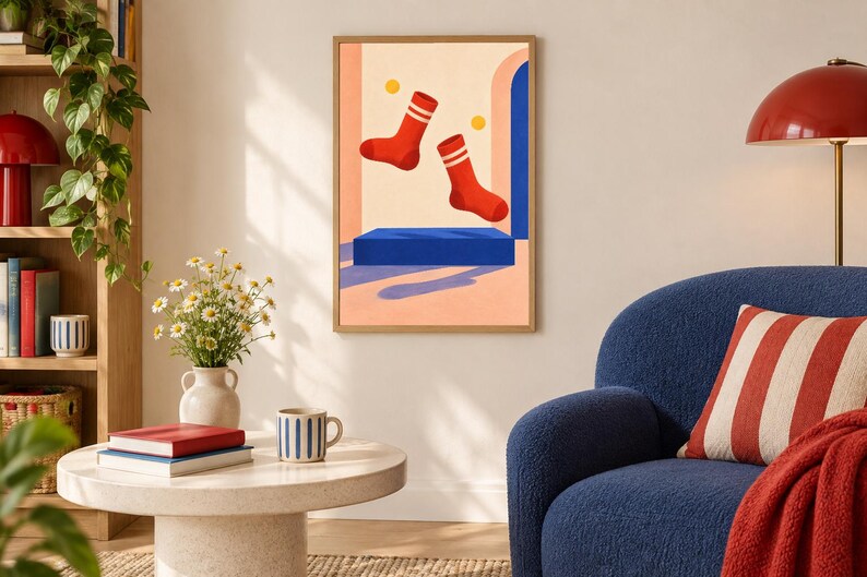 May include: A framed wall art print featuring a graphic illustration of two red socks with white stripes floating above a solid blue rectangular platform. The background consists of a light peach wall with a blue archway and two small yellow circles.