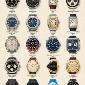 May include: A poster titled ICONIC TIMEPIECES 20 LEGENDS OF WATCHMAKING featuring twenty distinct wristwatches arranged in a grid. Each watch is labeled with its brand, model name, and year of origin, showcasing diverse styles from classic metal link bands to leather straps and digital displays.