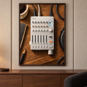 May include: A light gray TX-6 portable mixer featuring six vertical faders, multiple rotary knobs, and a small digital display screen. The device is connected to several black cables and is positioned on a dark wood surface with a pencil and notebook.