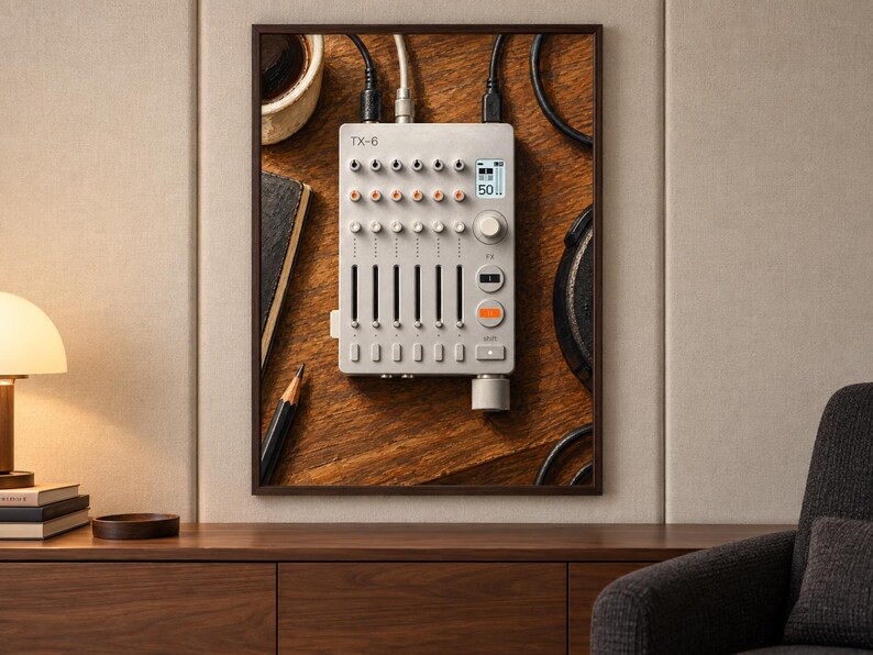 May include: A light gray TX-6 portable mixer featuring six vertical faders, multiple rotary knobs, and a small digital display screen. The device is connected to several black cables and is positioned on a dark wood surface with a pencil and notebook.