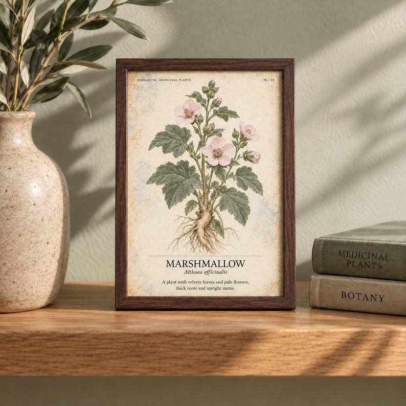 Pode incluir: Uma impress&atilde;o bot&acirc;nica emoldurada com uma ilustra&ccedil;&atilde;o detalhada de uma planta de malvavisco com flores rosa-p&aacute;lido, folhas verdes e ra&iacute;zes. O texto diz MARSHMALLOW Althaea officinalis, A plant with velvety leaves and pale flowers, thick roots and upright stems.