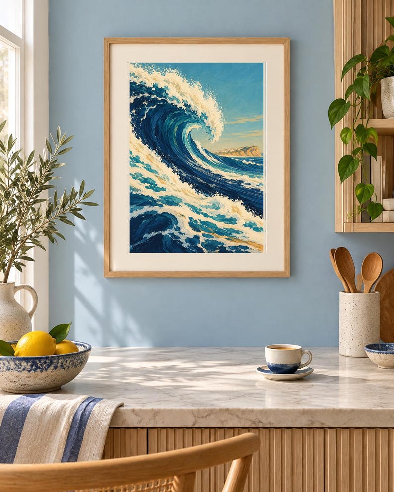 May include: A framed art print featuring a large, curling ocean wave in shades of deep blue, turquoise, and white, with a distant coastline visible under a clear sky. The artwork is enclosed in a light-toned wooden frame with a white mat border.