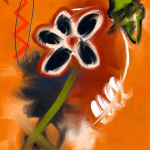 May include: A digital painting featuring a central flower with black petals and a red center on a green stem. The background is a vibrant orange with abstract elements including a blue oval, a red zigzag line, a green leaf, and white brushstrokes.