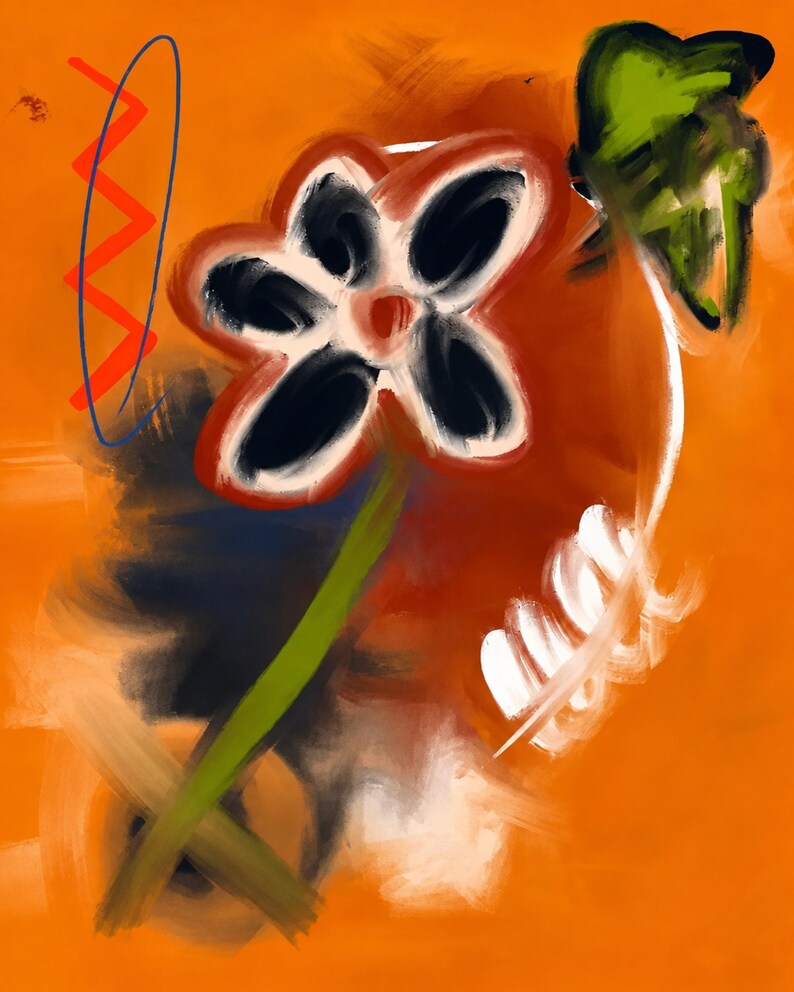 May include: A digital painting featuring a central flower with black petals and a red center on a green stem. The background is a vibrant orange with abstract elements including a blue oval, a red zigzag line, a green leaf, and white brushstrokes.