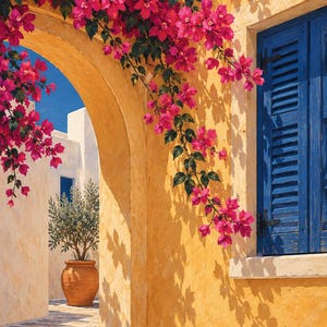 May include: A sunlit yellow stucco wall features a stone archway draped with vibrant pink bougainvillea flowers. To the right, a window with bright blue wooden shutters is visible. A terracotta pot containing a small green tree sits in the background.