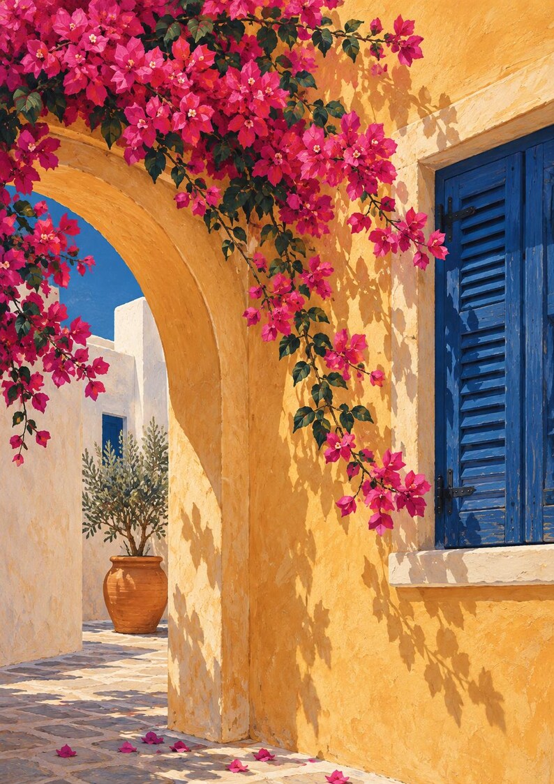 May include: A sunlit yellow stucco wall features a stone archway draped with vibrant pink bougainvillea flowers. To the right, a window with bright blue wooden shutters is visible. A terracotta pot containing a small green tree sits in the background.
