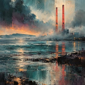 Op de afbeelding: Een olieverfschilderij met een industrieel kustlandschap met twee hoge, feloranje schoorstenen die boven een nevelige, donkere kustlijn uitsteken. De voorgrond toont getextureerd, donkerblauw en zwart water dat het licht van de zonsondergang reflecteert.