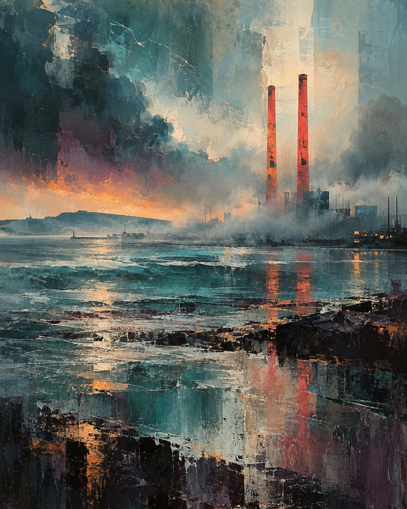 Op de afbeelding: Een olieverfschilderij met een industrieel kustlandschap met twee hoge, feloranje schoorstenen die boven een nevelige, donkere kustlijn uitsteken. De voorgrond toont getextureerd, donkerblauw en zwart water dat het licht van de zonsondergang reflecteert.