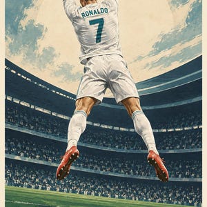May include: A vertical poster featuring a soccer player in a white jersey with the name RONALDO and number 7 on the back, jumping in a stadium. The text CRISTIANO RONALDO FOOTBALL LEGENDS 01 is printed in dark blue at the bottom of the illustration.