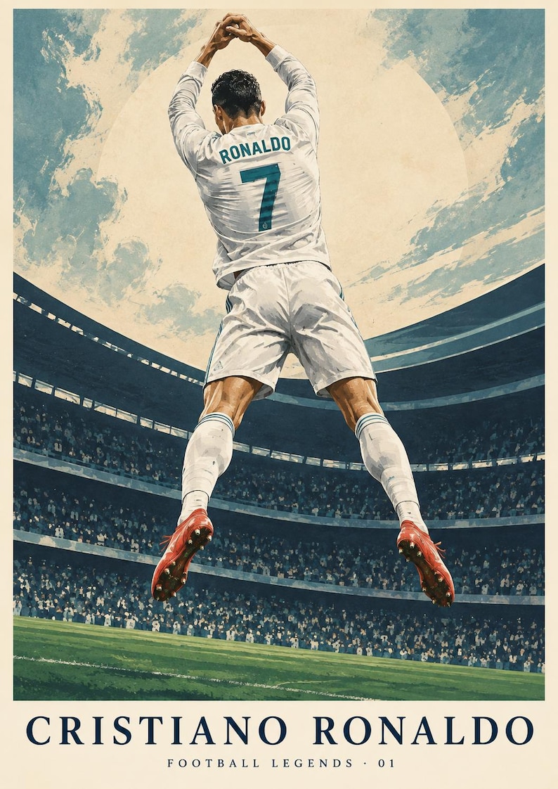 May include: A vertical poster featuring a soccer player in a white jersey with the name RONALDO and number 7 on the back, jumping in a stadium. The text CRISTIANO RONALDO FOOTBALL LEGENDS 01 is printed in dark blue at the bottom of the illustration.