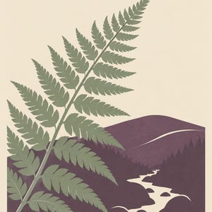 May include: A graphic art print featuring a large sage green fern frond in the foreground, set against a landscape of dark purple rolling hills, a forest, and a winding white river. The word LAOIS is printed in dark text at the bottom centre.