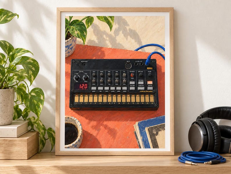 Puede incluir: Una caja de ritmos anal&oacute;gica Korg Volca Beats de color negro con teclado multit&aacute;ctil, varios mandos de control y una pantalla digital roja que muestra 120. El dispositivo est&aacute; enmarcado en madera clara, mostrando su interfaz con botones.