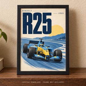 Puede incluir: Un p&oacute;ster enmarcado que muestra un coche de carreras de F&oacute;rmula 1 Renault R25 azul y amarillo de 2005 en una pista. El dise&ntilde;o incluye el texto RENAULT R25 2005, un sol amarillo y monta&ntilde;as azules al fondo dentro de un marco negro.