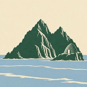 Pu&ograve; includere: Una stampa d'arte grafica raffigurante una vetta montuosa verde scuro e una piccola isola rocciosa con una capanna di pietra a forma di alveare che emerge dall'acqua azzurra. La parola KERRY &egrave; stampata in maiuscolo verde scuro sul fondo crema.