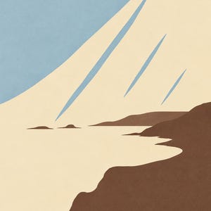 May include: A graphic art print featuring a coastal landscape with a dark brown shoreline and cliffs against a light cream-colored sea. The sky is a soft blue with three diagonal cream-colored streaks representing light rays or clouds.