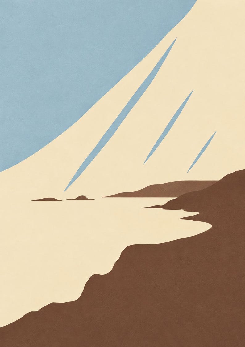 May include: A graphic art print featuring a coastal landscape with a dark brown shoreline and cliffs against a light cream-colored sea. The sky is a soft blue with three diagonal cream-colored streaks representing light rays or clouds.